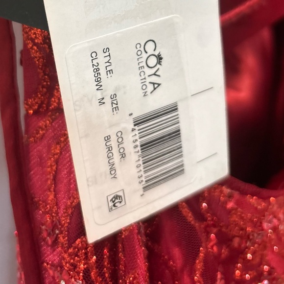 Coya Collection Embroidered Illusion Waist Sparkle A line Dress Burgundy Red - Picture 3 of 4